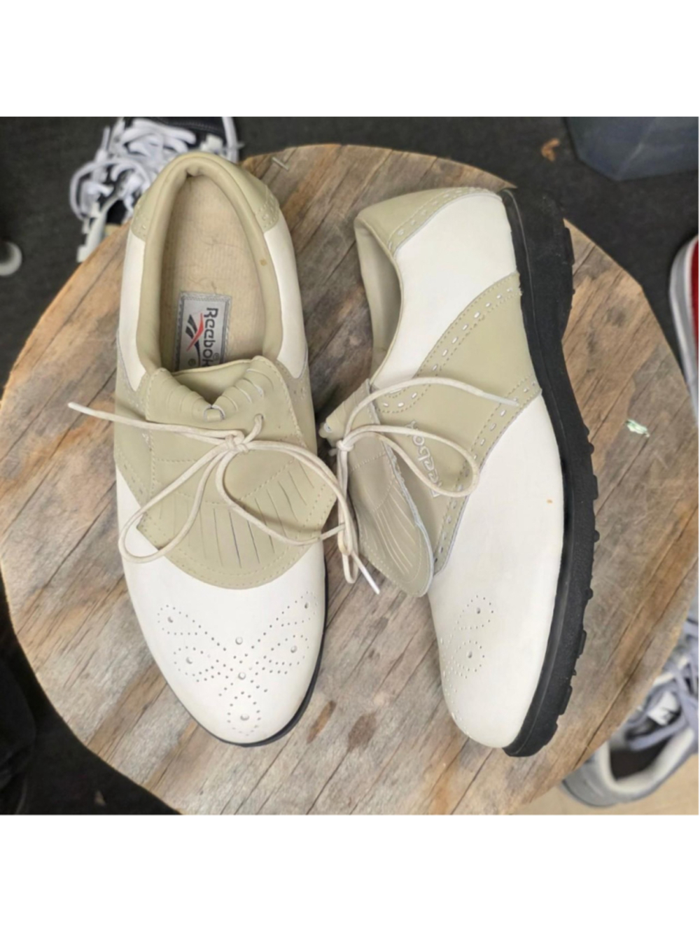 vintage white and beige leather Reebok wingtip golf shoes #golf #sportswear